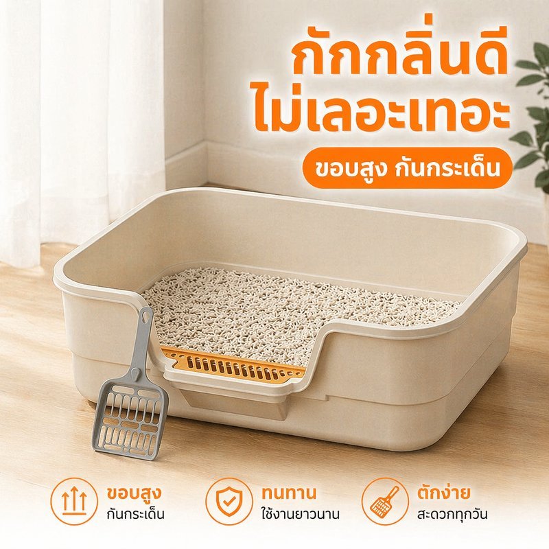 กระบะทรายแมว ห้องน้ําแมว ขอบสูงกันกระเด็น ตะแกรงดักทราย พื้นที่กว้าง พร้อมที่ตัก