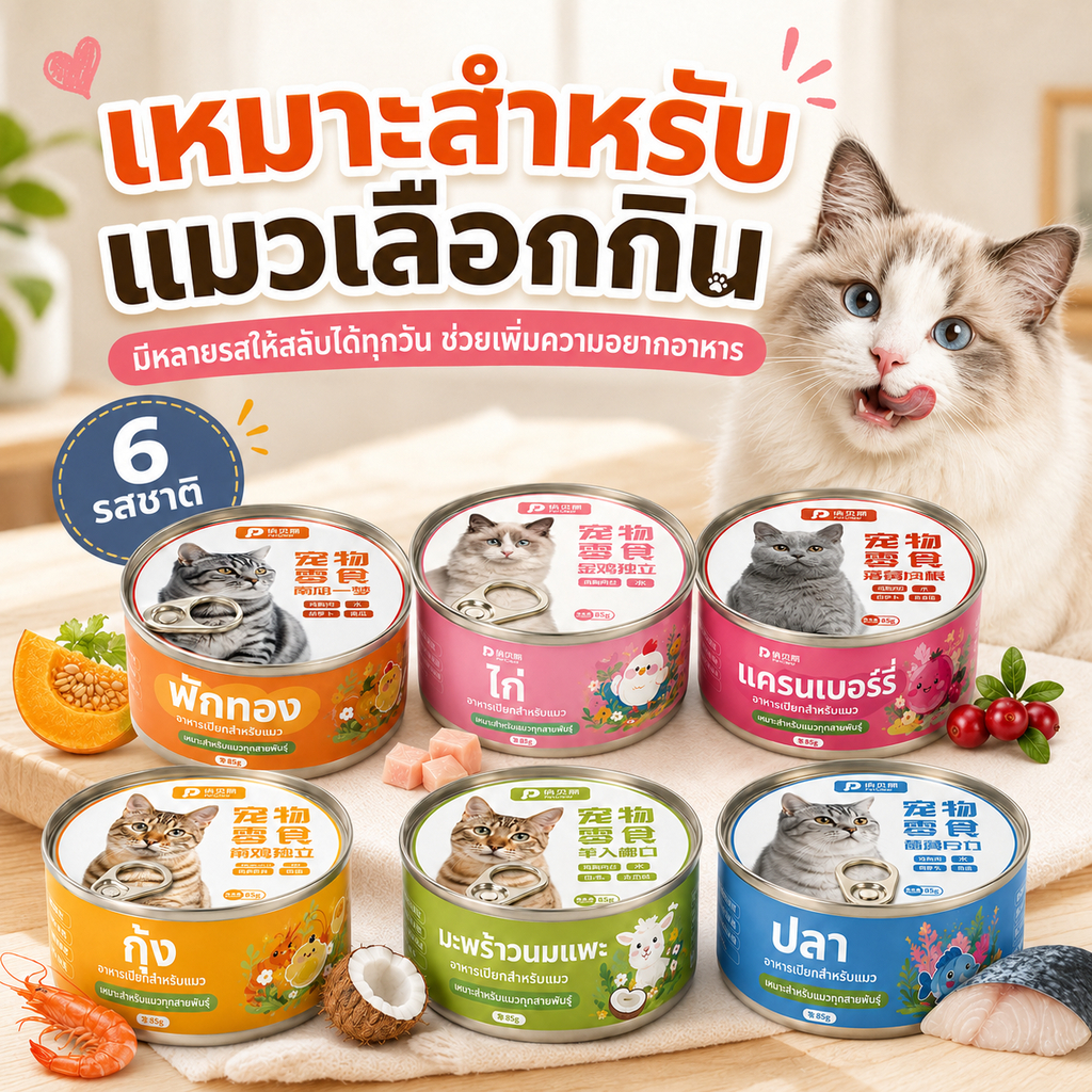 อาหารแมวกระป๋องแบบคละรส 6 รส อร่อยไม่จําเจ เพิ่มความอยากอาหาร เหมาะสําหรับแมวทุกสายพันธุ์