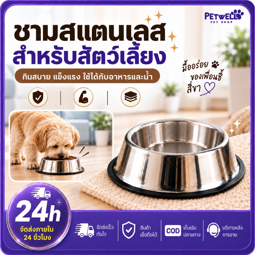 PETWELL ชามอาหารสัตว์เลี้ยง ชามอาหารสแตนเลส สําหรับสุนัขและแมว ฐานมั่นคง กันลื่น ใช้งานสะดวก