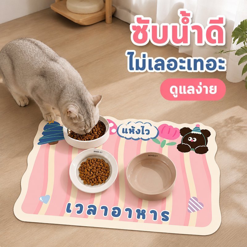 แผ่นรองจานสัตว์เลี้ยง แผ่นรองอาหารหมาแมว กันน้ําหก ซับน้ําเร็ว กันลื่น แห้งไว ลายการ์ตูน เช็ดง่าย