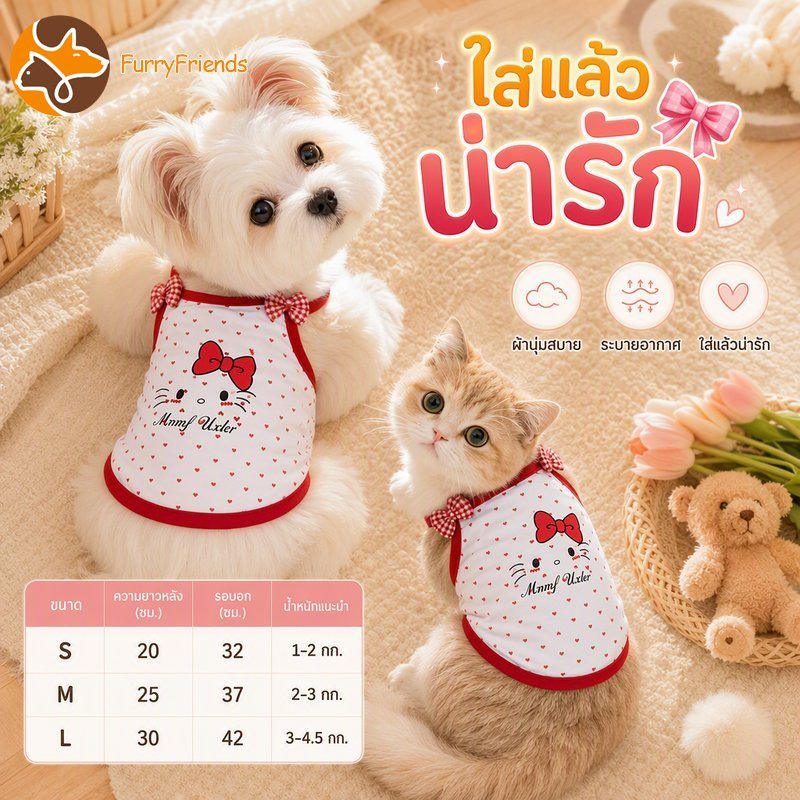 เสื้อกล้ามสัตว์เลี้ยง เสื้อหมาแมว ผ้าคอตตอน ระบายอากาศ ลายโบว์แดง นุ่ม ใส่สบาย ไซส์ S M L