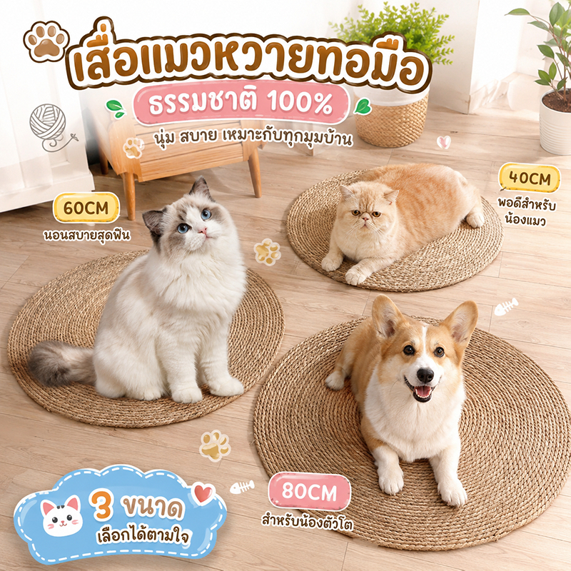 เสื่อแมว วงกลมพรมลับเล็บแมว ความหนา ฤดูร้อนสากล เบาะฟาง ห้องนั่งเล่น 40/60/80/100cm