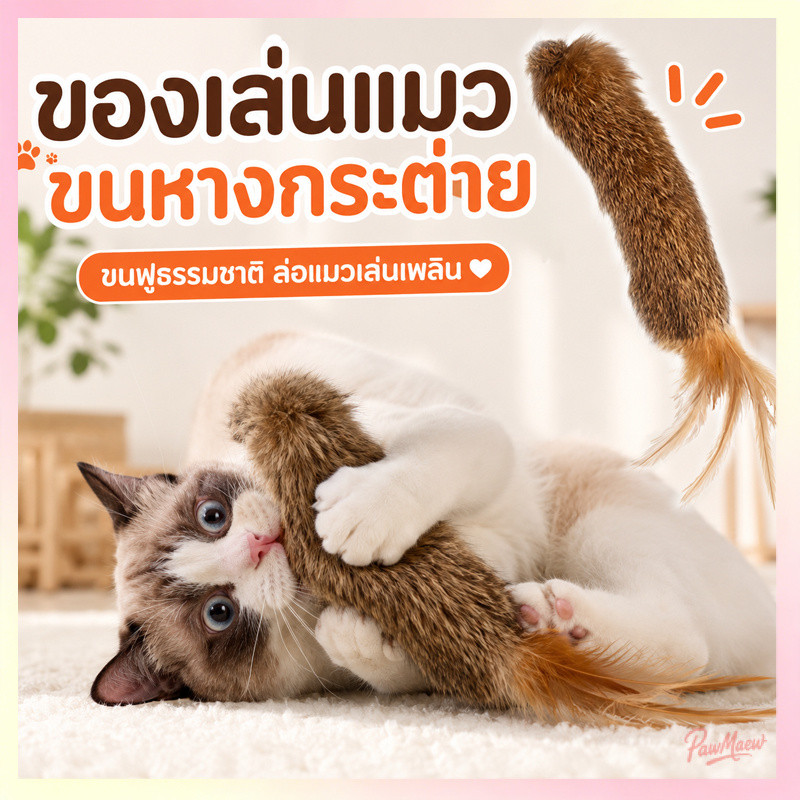 ไม้ตกแมว ขนกระต่ายแท้ ขนนก ของเล่นแมว แขวนผนังได้ แมวเล่นเองได้ แก้เบื่อ กระตุ้นสัญชาตญาณล่า