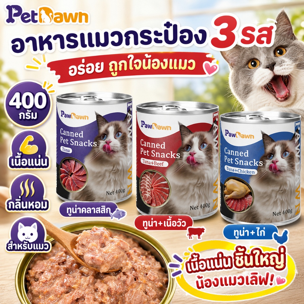 อาหารแมวเปียก PetDawn กระป๋องใหญ่ 400g เนื้อแน่น ซุปเข้มข้น ไม่เติมเกลือ มี 3 รส