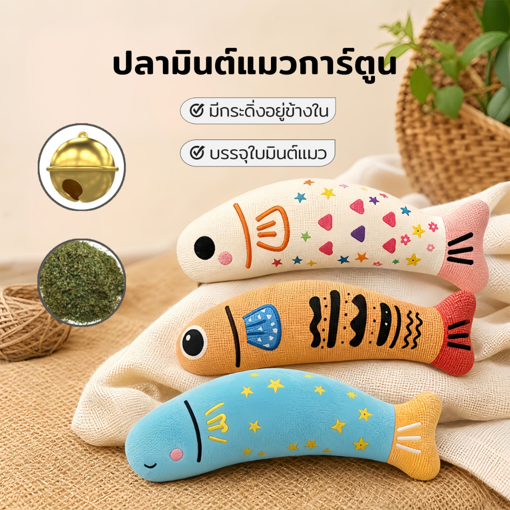 Horbong Pets】ของเล่นแมวรูปปลา ใส่แคทนิป มีเสียงกระดิ่ง ปลอมเหมือนจริง ของเล่นเสริมพัฒนาการสําหรับแมว