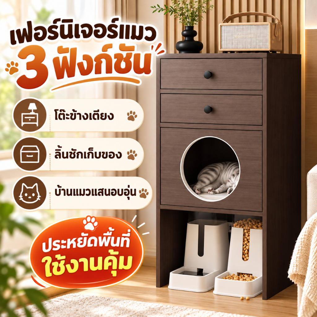 บ้านแมว ตู้แมวอเนกประสงค์ ตู้เก็บของพร้อมที่นอนแมว ลิ้นชัก 2 ชั้น มีพื้นที่วางอาหารและน้ําแมว ดีไซน์มินิมอล