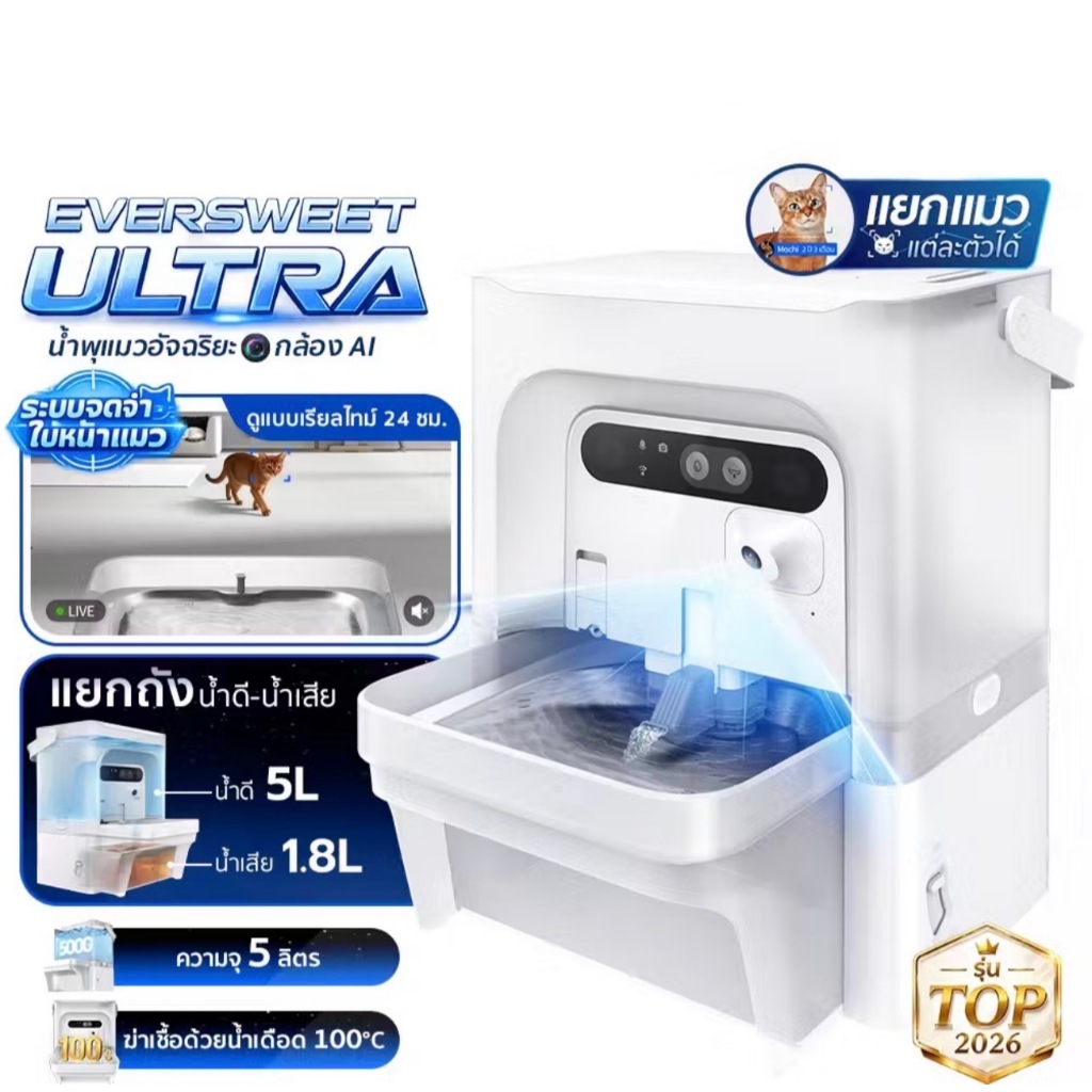 Petkit Eversweet Ultra with Camera AI น้ําพุแมวมาพร้อมกล้อง Ai อัจฉริยะ ท็อปเรือธงแห่งปี2026 น้ําพุแมวอัตโนมัติ