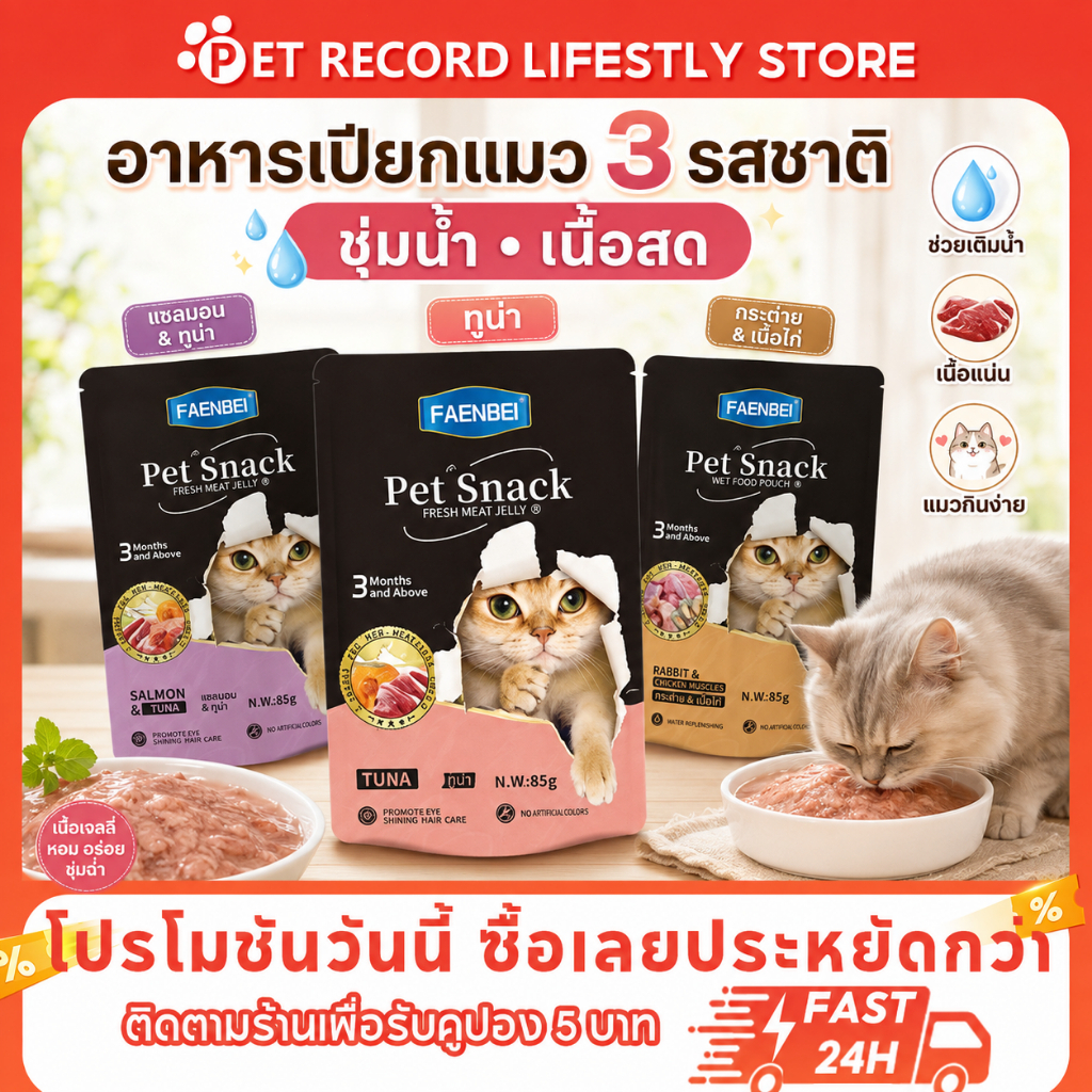 PET Record] อาหารเปียกแมว 85g *12โภชนาการครบ โปรตีนสูง ย่อยง่าย สําหรับลูกแมวและแมวโต