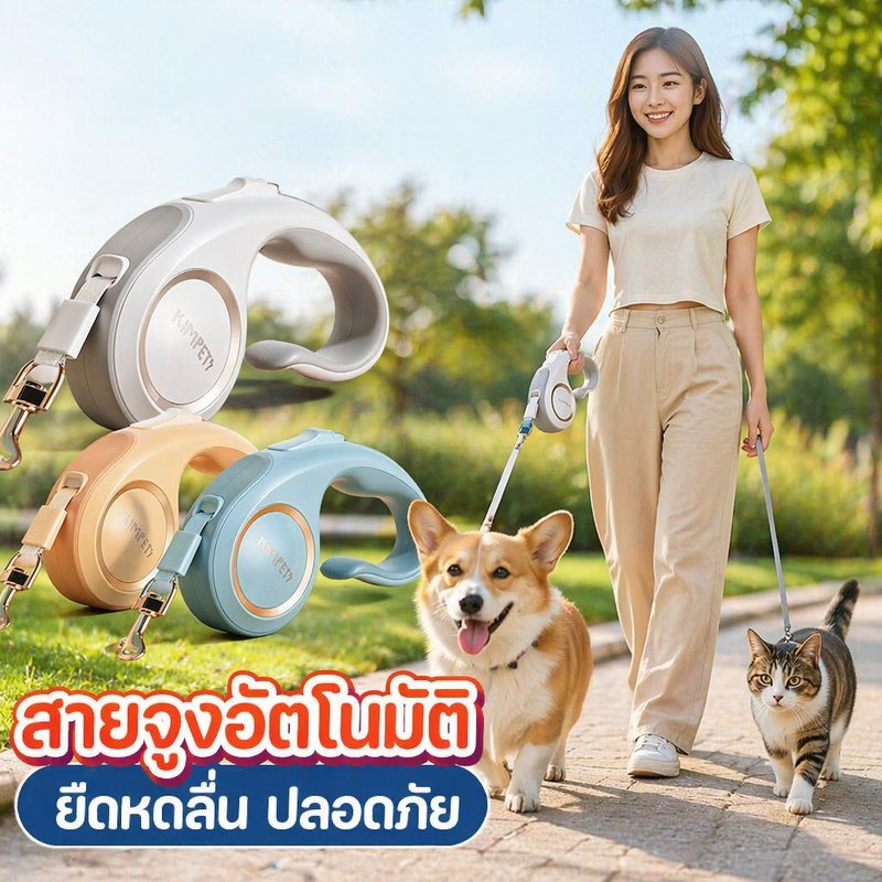 สายจูงอัตโนมัติ สายจูงสุนัข สายจูงแมว ปรับยืดหดได้ ล็อคสายได้ 360 องศา 3 เมตร 5 เมตร