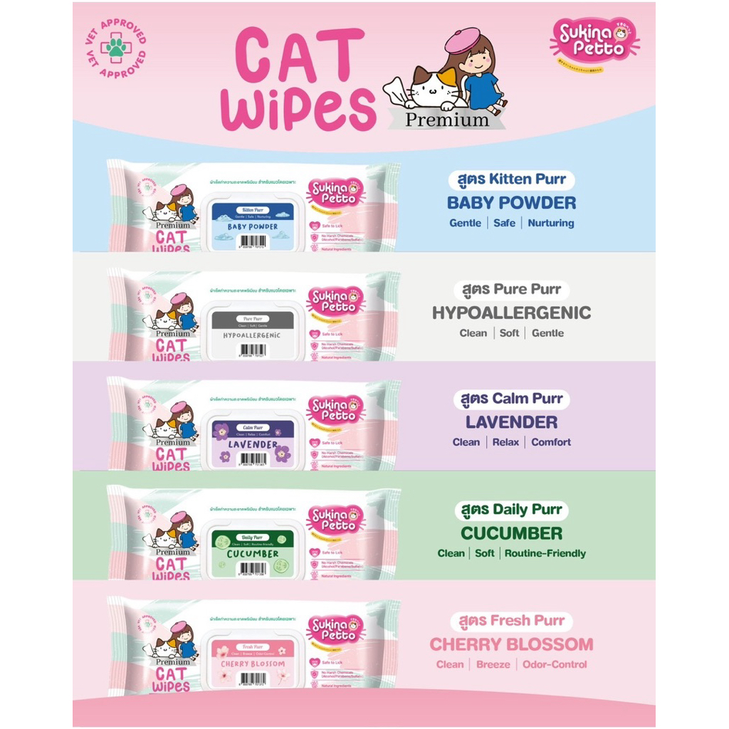 Sukina Petto Premium Cat Wipes (70 แผ่น) ผ้าเช็ดทําความสะอาดพรีเมียม สําหรับแมวด้วยเฉพาะ
