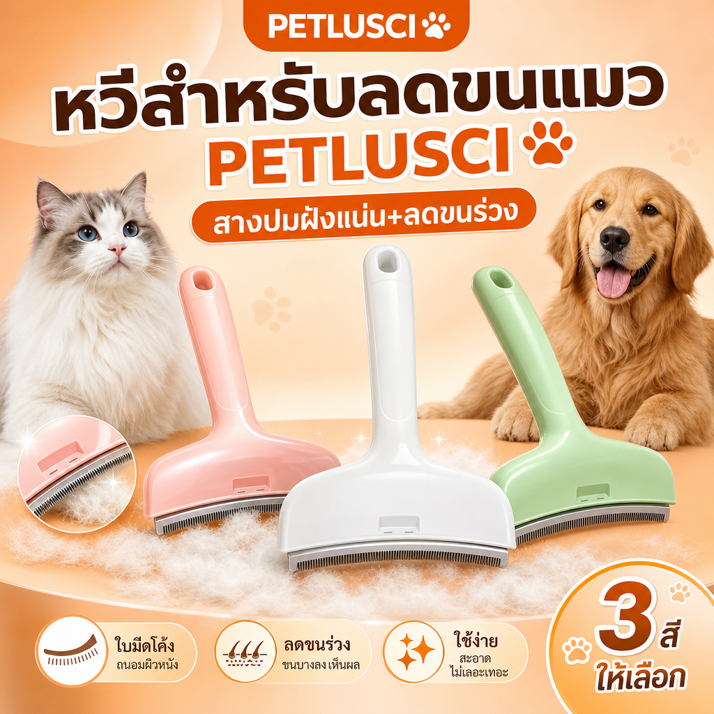 PETLUSCI หวีแปรงขนสัตว์เลี้ยง หวีแมว หวีสุนัข กําจัดขนหลุดร่วง ซี่หวีปลอดภัย สเตนเลส ไม่บาดผิว Pet Grooming Comb
