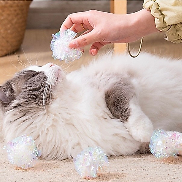 AL-1634 ของเล่นแมว ลูกบอลกระดาษพาสติกสีเงิน ลดความเครียด ของเล่นแบบโต้ตอบ สีสวย