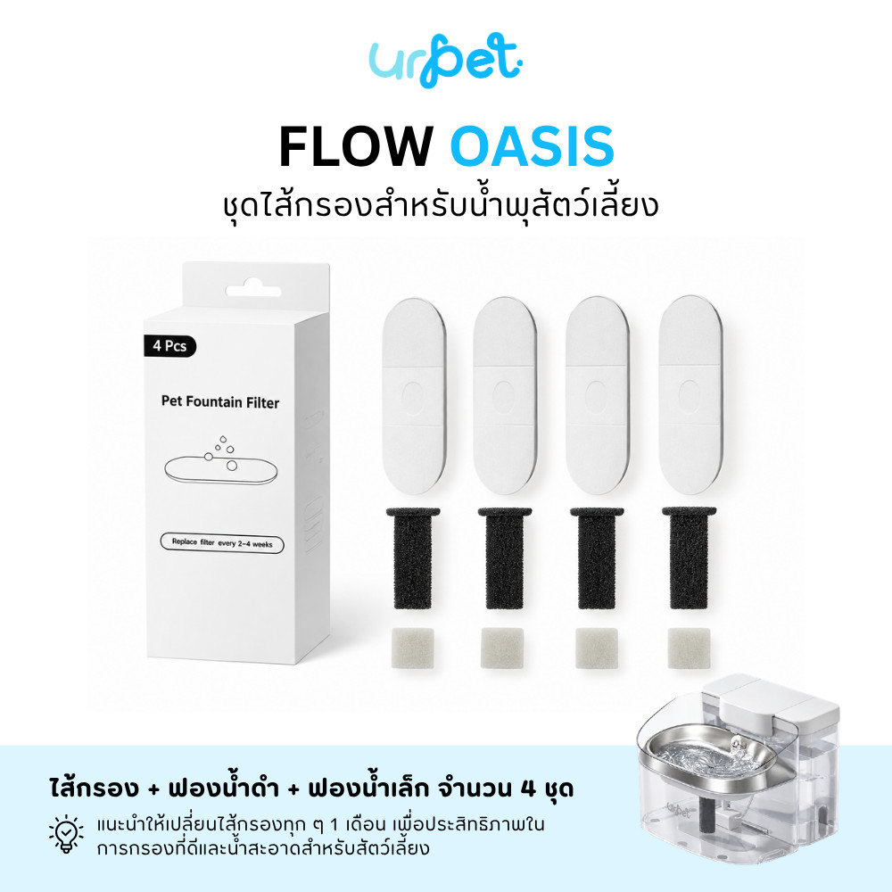 FlowOASIS] ไส้กรองน้ําพุแมว UrPet FlowOASIS แผ่นกรองน้ําพุแมว 4 ชุดพร้อมฟองน้ํากรอง