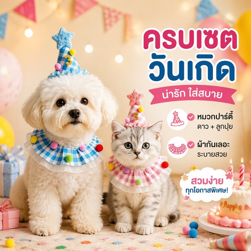 ชุดวันเกิดสัตว์เลี้ยง หมวกวันเกิดสุนัขแมว ผ้าพันคอลายสก็อต เซต 2 ชิ้น พร็อพถ่ายรูปปาร์ตี้