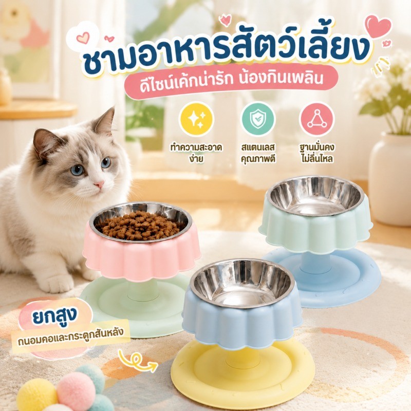 ชามอาหารแมว ยกสูง กันมด ฐานกว้าง กันลื่น ทรงเค้ก ถอดล้างง่าย เลือกชามสแตนเลสหรือพลาสติก