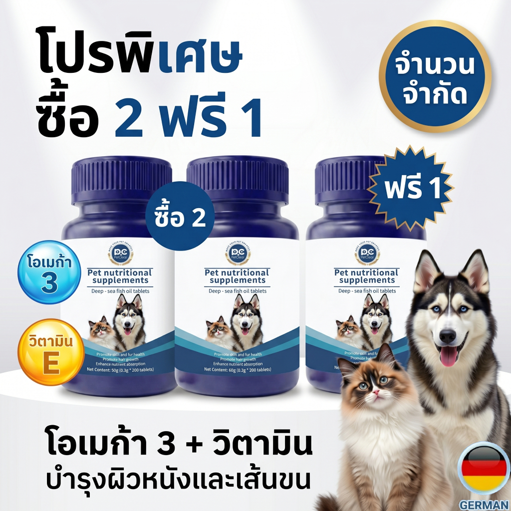 ซื้อ 2 แถม 1 สุดคุ้ม!) PetClear โอเมก้า 3 Fish Oil Tablets ขนสวยเงางาม สําหรับสุนัขแมว 200 เม็ด