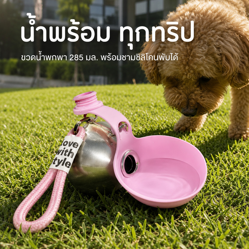 Pawlygo ขวดน้ําพกพาสุนัขและแมว รุ่น PWB20 285ML กระบอกน้ําสัตว์เลี้ยง พร้อมถ้วยซิลิโคนพับได้ ซีลกันน้ํารั่ว พกพาสะดวก