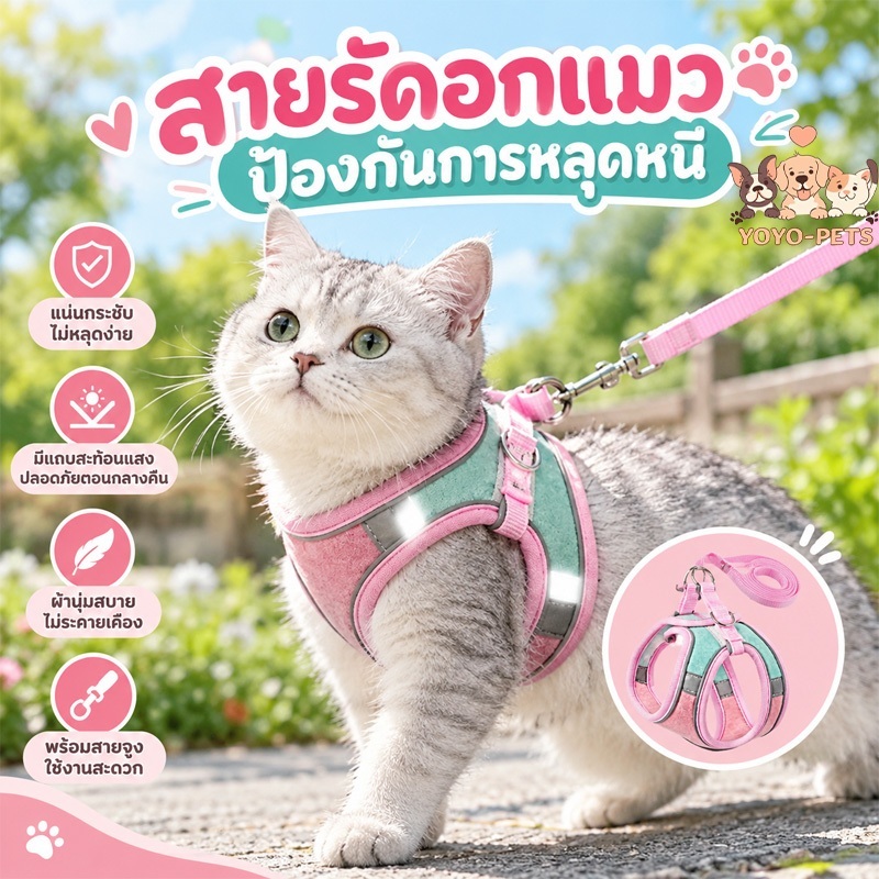 สายรัดอกแมวพร้อมสายจูง ปรับได้ กันหลุด นุ่มสบาย แถบสะท้อนแสง เดินเล่น กลางคืน