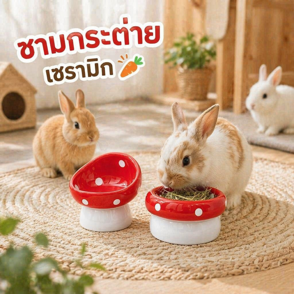 ชามอาหารกระต่าย เซรามิคทรงเห็ด ปากเอียง ปากตรง กันคว่ํา ความจุใหญ่ ล้างง่าย ใช้ใส่อาหาร หญ้าแห้ง น้ํา