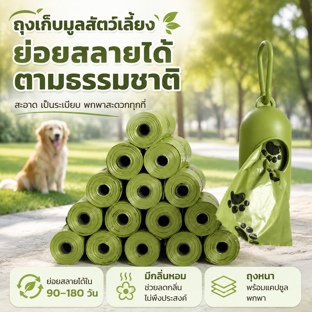 12 ม้วน)ถุงเก็บมูลสัตว์ ถุงเก็บอึหมา ถุงขยะ เก็บอึแมว/สุนัขและสัตว์เลี้ยง ย่อยสลายได้ ♻ ย่อยสลายได้เองโดยธรรมชาติ
