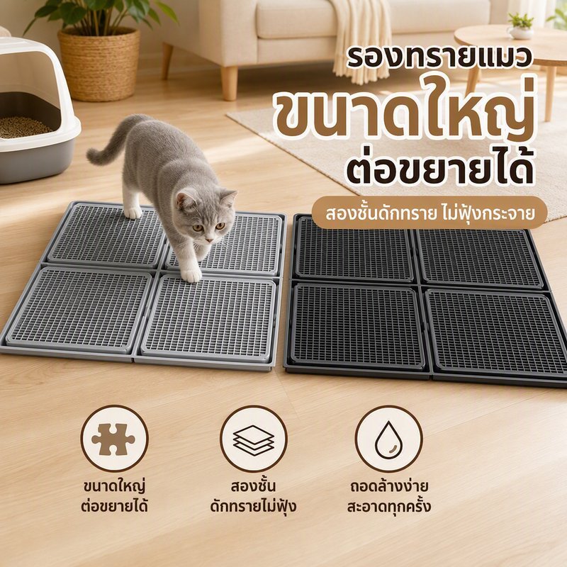 ถาดดักทรายแมว แผ่นรองทรายแมว แบบตะแกรง 2 ชั้น ถอดล้างง่าย PP จับเททรายกลับ ลดทรายติดเท้า