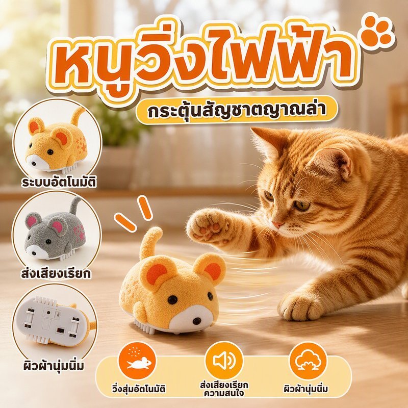ของเล่นแมวไฟฟ้า หนูอัตโนมัติ วิ่งสุ่ม มีเสียง ขนปุย ของเล่นสัตว์เลี้ยง ระบายพลังงาน