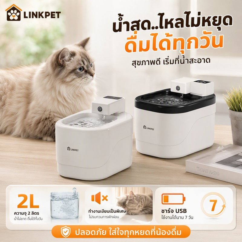 น้ําพุแมวไร้สาย ความจุน้ํา 2 ลิตร ชาร์จไฟ USB เซนเซอร์ตรวจจับอัตโนมัติ น้ําพุแมว