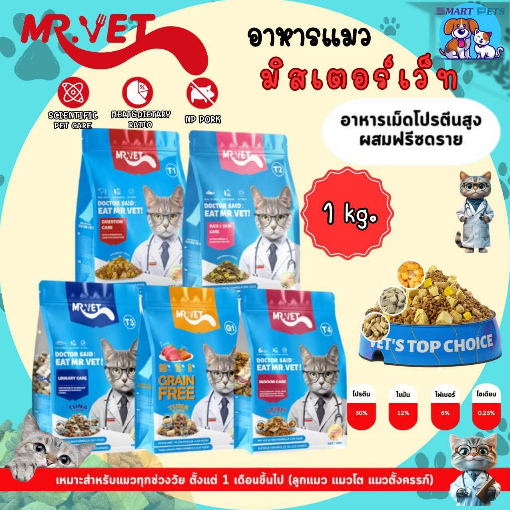 Mr.Vet อาหารเม็ดแมว Holistic มิสเตอร์เวท ขนาด 1 KG เหมาะสําหรับแมวทุกช่วงวัย