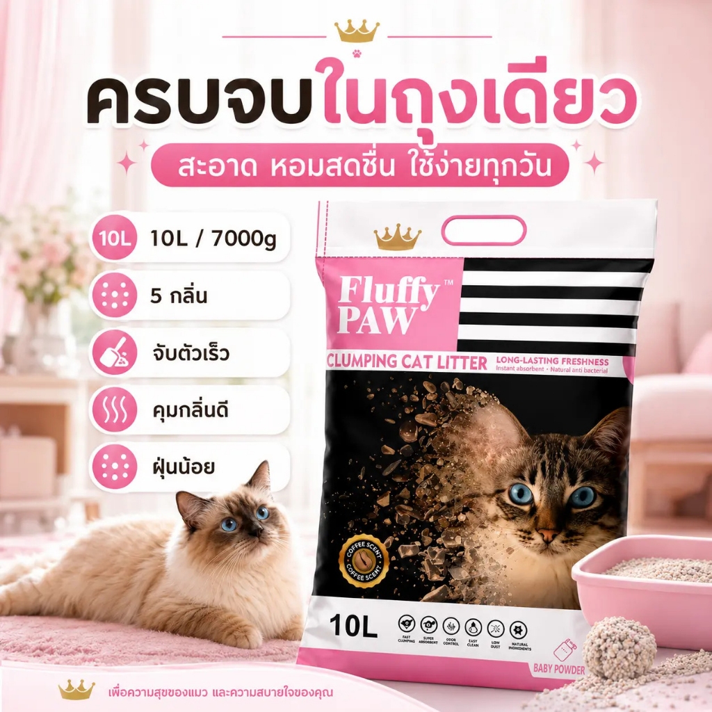 Fluffy PAW ทรายแมว bentonite 10ลิตร/7กก 5กลิ่น ก้อนตัวเร็ว ดับกลิ่นดี ฝุ่นน้อย เหมาะแมวทุกวัย