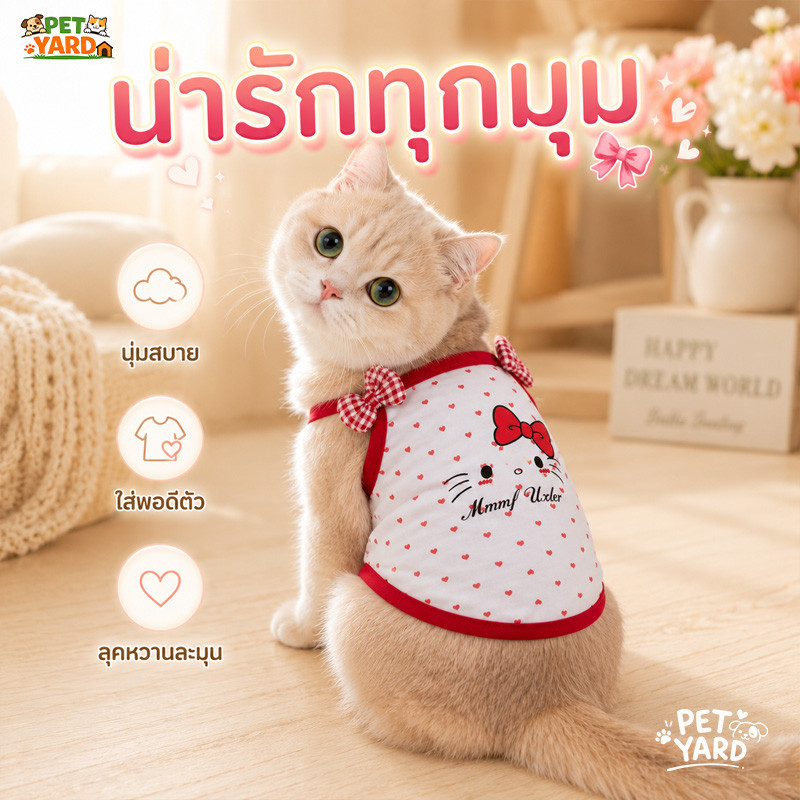 เสื้อกล้ามสัตว์เลี้ยง ลายคิตตี้โบว์แดง เสื้อหมาแมว ผ้าคอตตอน ระบายอากาศ ใส่สบาย สําหรับตัวเล็ก
