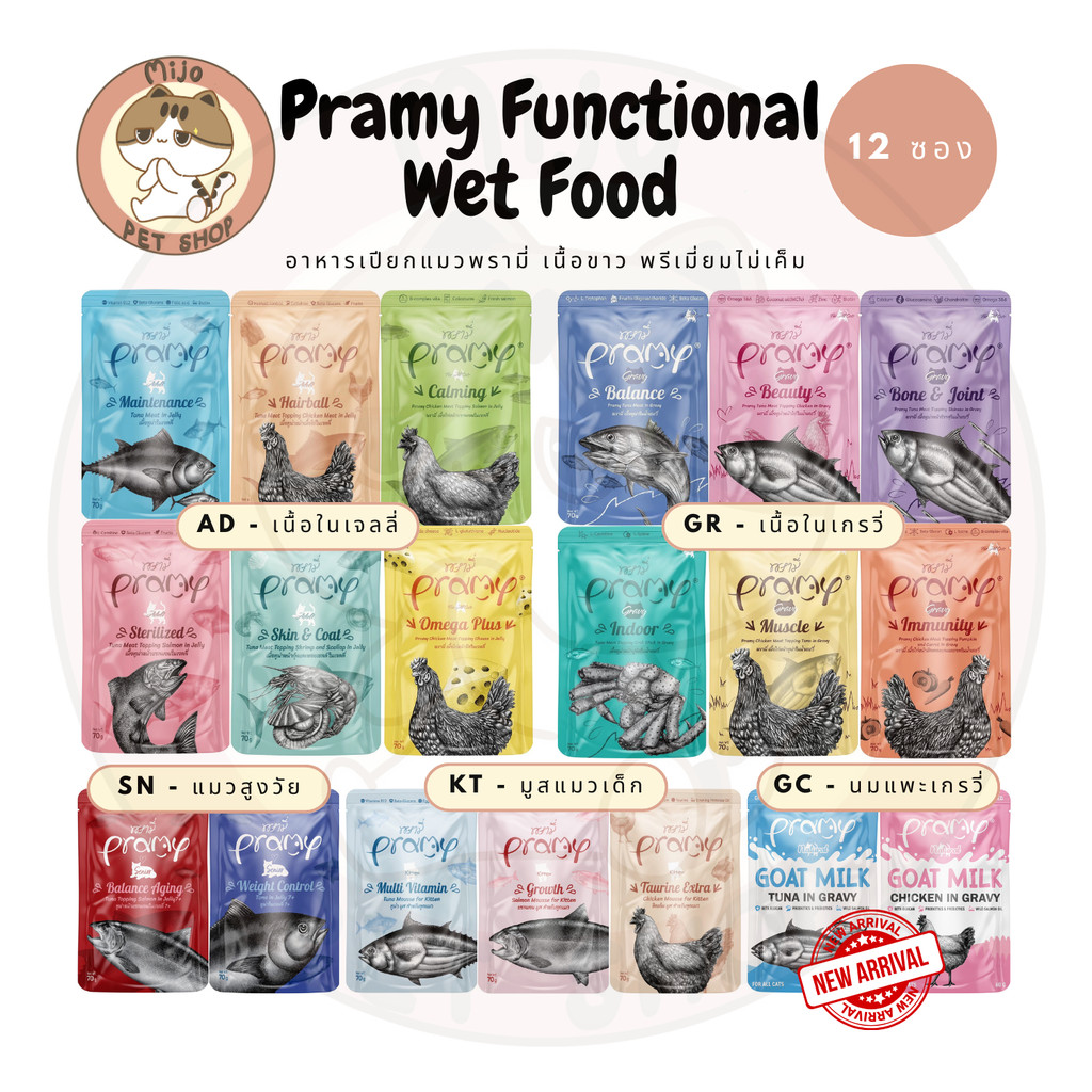 ยกโหล) Pramy อาหารเปียกแมว ทําจากปลาเนื้อขาว 100% Functional ไม่เติมเกลือ โซเดี่ยมต่ํา หลากหลายสูตร