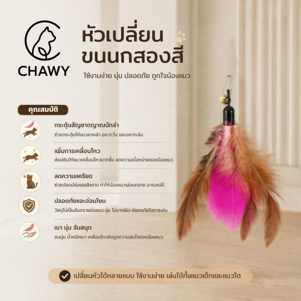 หัวเปลี่ยนขนนกสองสี chawy เหยื่อตกแมว ของเล่นแมว