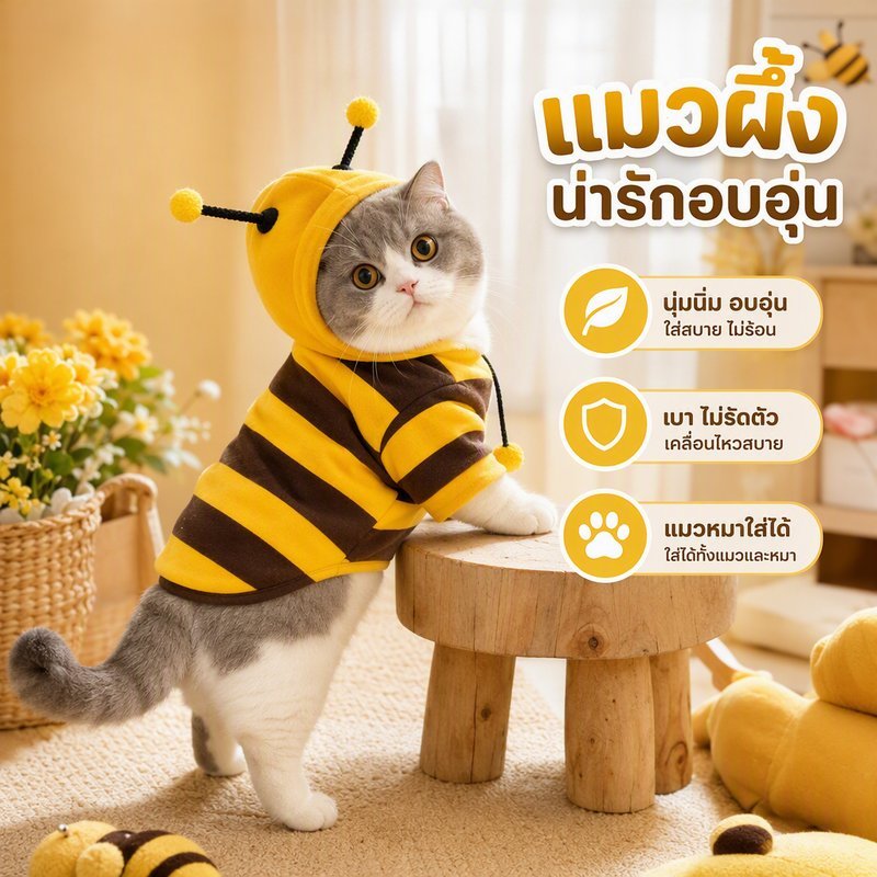 เสื้อกันหนาวสัตว์เลี้ยง เสื้อแมว เสื้อสุนัข ฮู้ดลายผึ้ง ผ้านุ่ม อบอุ่น ใส่สบาย ไซส์ S M L XL