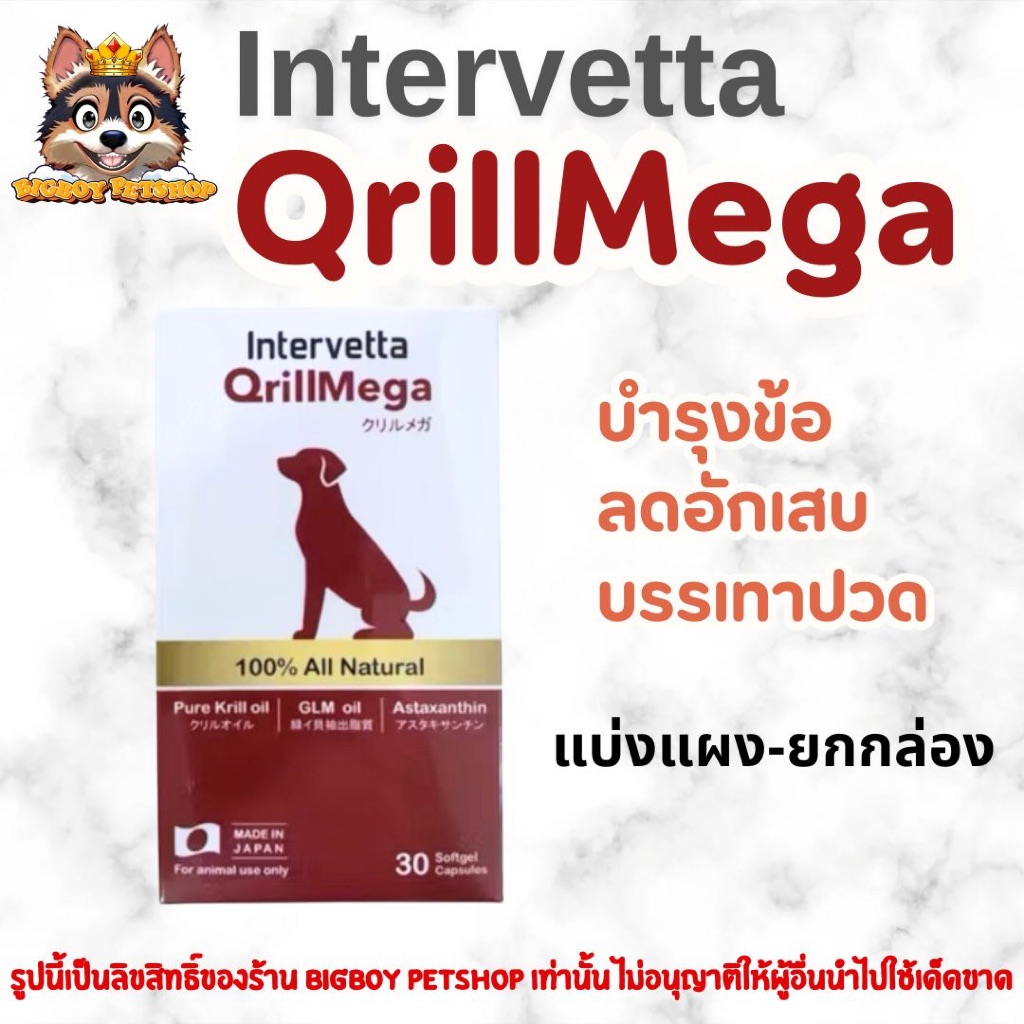 Intervetta QrillMega (คริลเมก้า) อาหารเสริมบํารุงข้อต่อ ลดอักเสบ บรรเทาปวด สําหรับสุนัขและแมว แบ่งแผง-ยกกล่อง