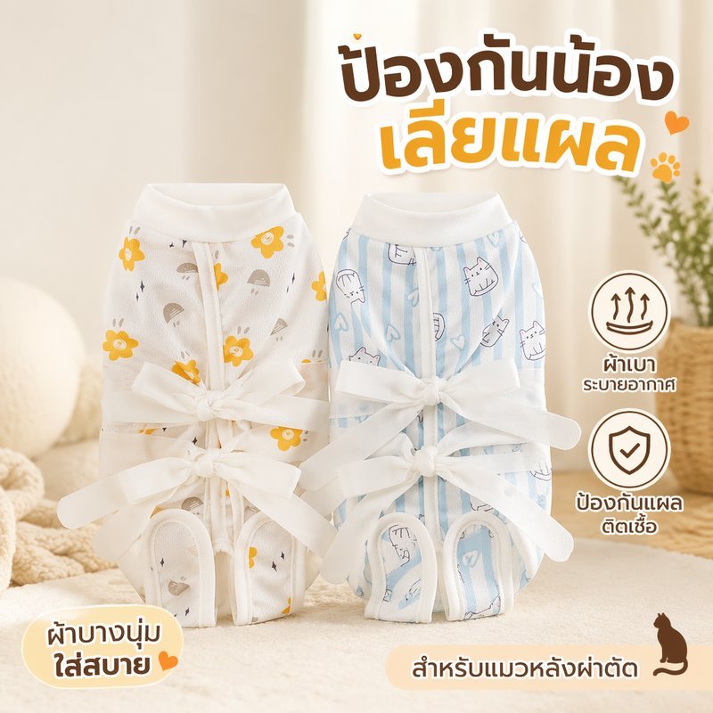 เสื้อหลังผ่าตัดแมว ชุดทําหมันแมว กันเลีย ระบายอากาศ ผ้าคอตตอน ตีนตุ๊กแก ใส่ง่าย