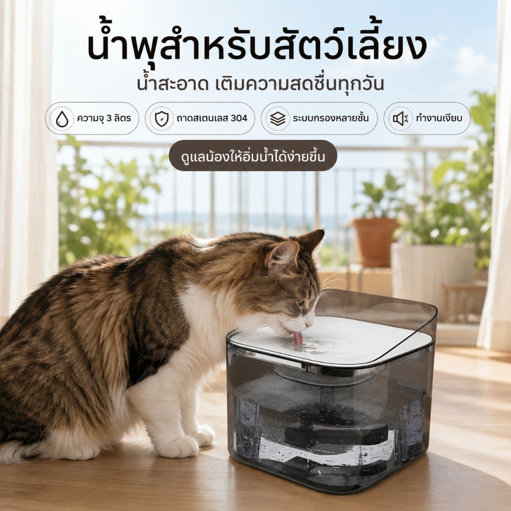 น้ําพุแมวอัตโนมัติ 3 ลิตร เครื่องให้น้ําแมว ที่ให้น้ําสัตว์เลี้ยง ถาดสแตนเลส 304 มีที่กรองน้ํา ปั๊มเงียบ PB
