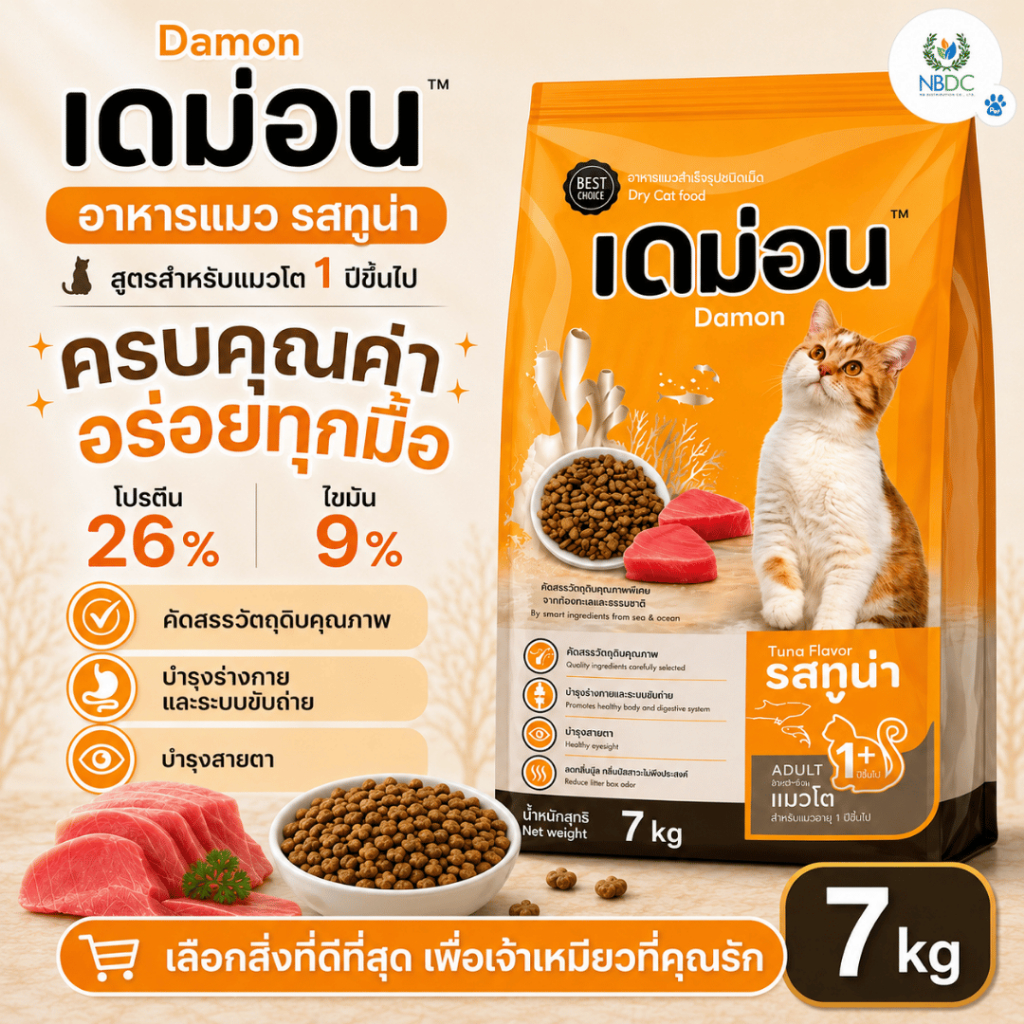 Damon Cat เดม่อน อาหารแมว รสทูน่า ขนาด 7 กก. กลิ่นหอมน่ากิน เคี้ยวง่าย กินง่าย