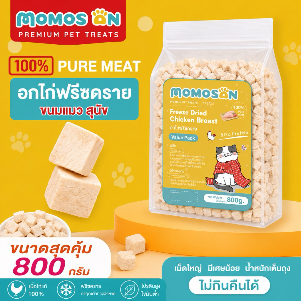 อกไก่แมว Momosan อกไก่ฟรีซดราย 800 กรัม เนื้อสด 100% แพ็คสุดคุ้ม ขนมหมา ขนมแมว อาหารหมาแมว บํารุงขนแมวและสุนัข 800g