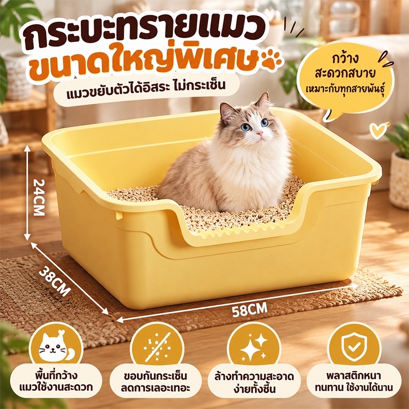 กระบะทรายแมวขนาดใหญ่พิเศษ ขอบสูงป้องกันทรายกระเด็น มีตะแกรงดักทราย ห้องน้ําแมว ของใช้แมว