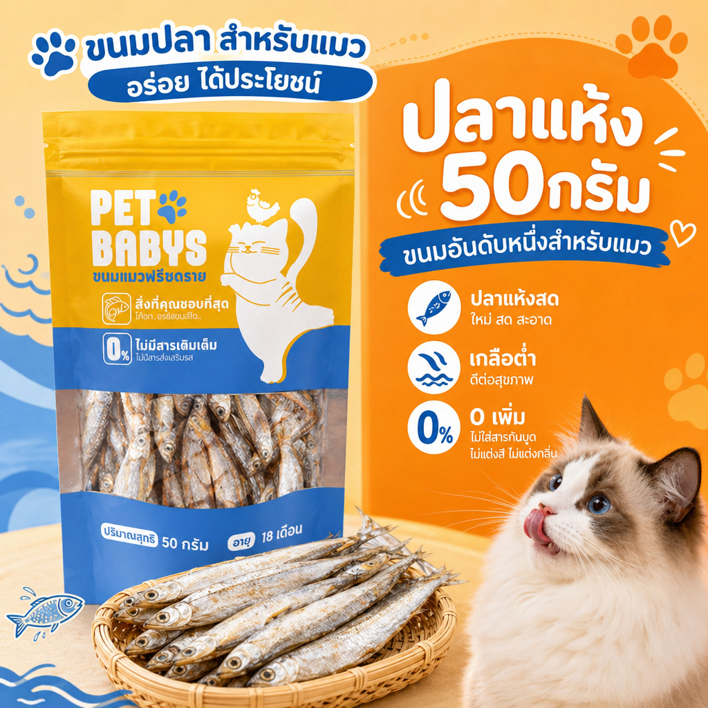 ขนมแมว ปลาแห้ง โปรตีนสูง ไม่เค็ม ปลอดภัยต่อไต เกรดคนกินได้ สดใหม่ ไม่ใส่สารกันเสีย 50/100/150g
