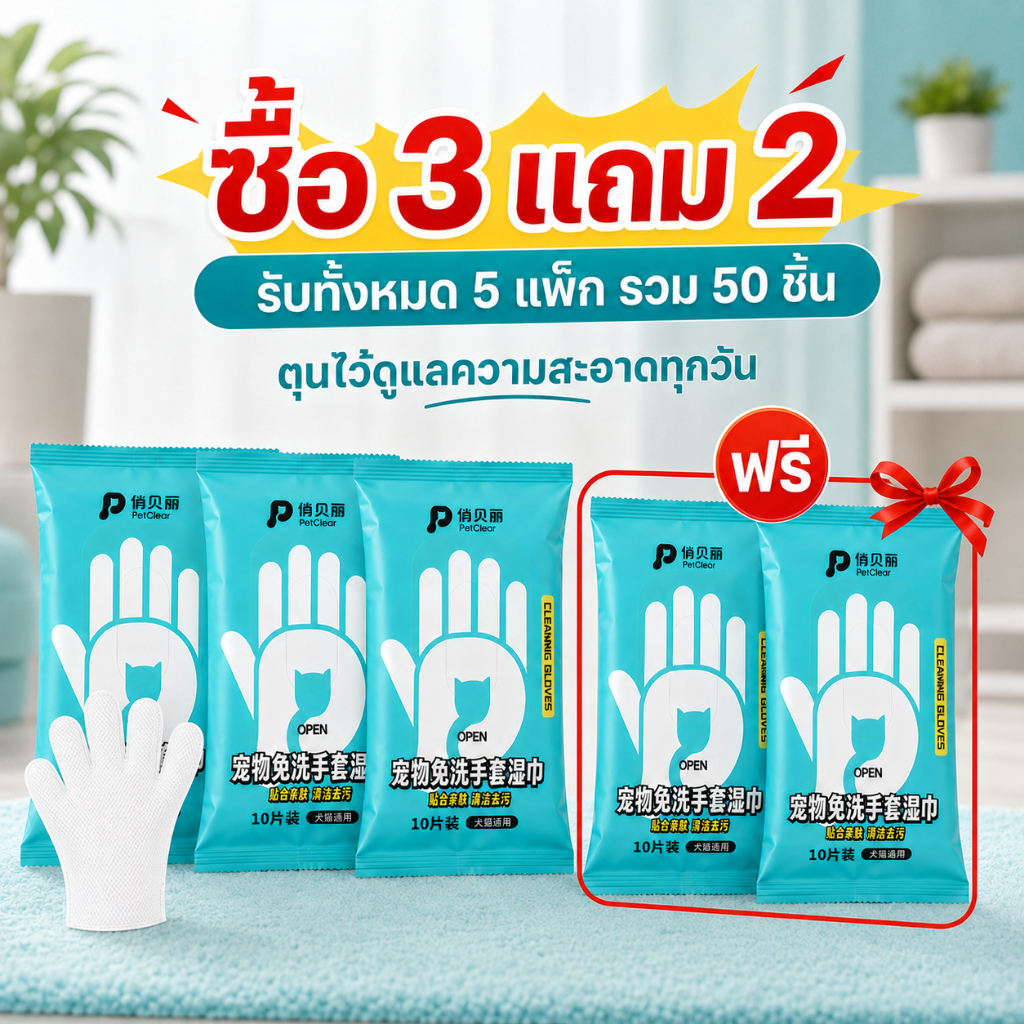 ถุงมืออาบน้ําแห้ง PetClear 10 ชิ้น สําหรับดูแลความสะอาดสุนัขและแมว