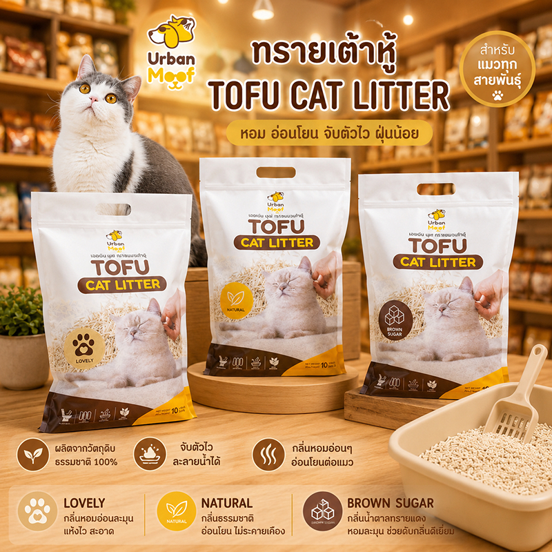 Urban Moof 10 L. ทรายแมว ทรายแมวเต้าหู้เกรดพรีเมียม จับก้อนไว กลิ่นหอม ทิ้งลงชักโครกได้ ไม่ติดเท้า