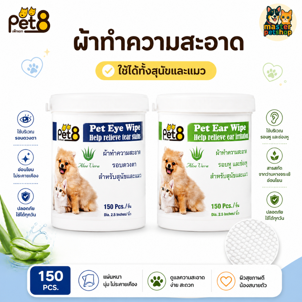 Pet8 แผ่นเช็ดทําความสะอาด เช็ดตา เช็ดหู สุนัขแมว สูตร Aloe Vera ลดคราบน้ําตา ลดกลิ่นหู 150แผ่น อ่อนโยนปลอดภัย