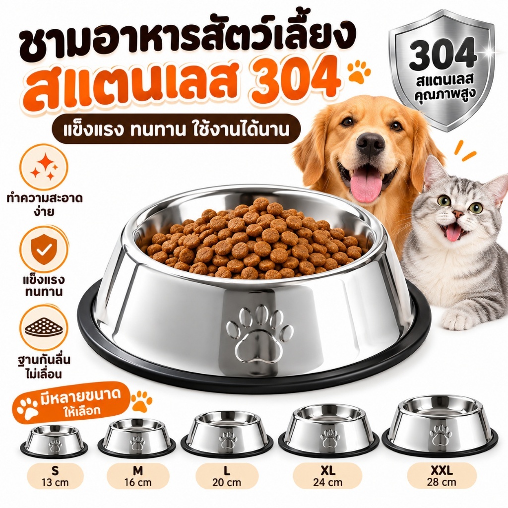 ชามอาหารสุนัข/แมว สแตนเลสทนทาน ถ้วยอาหารหมา แมว ฐานที่มั่นคงพร้อมออกแบบกันลื่น