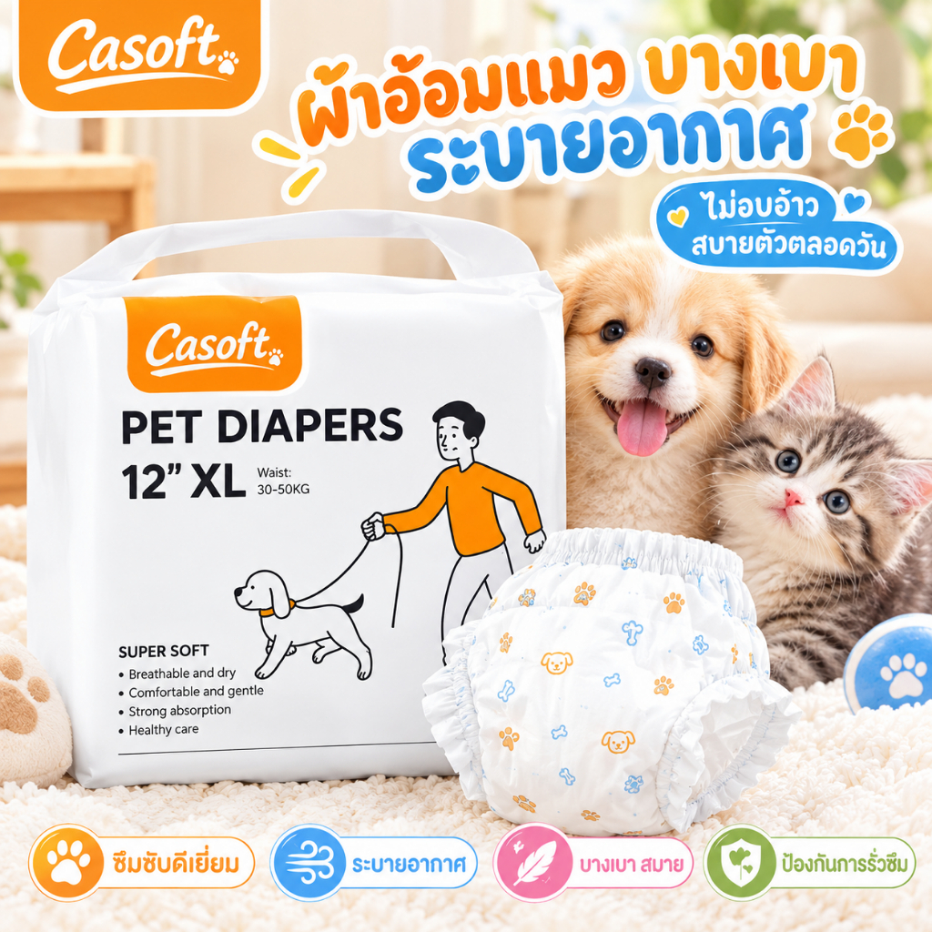 CASOFT ผ้าอ้อมสัตว์เลี้ยง XS-XXL 12 ชิ้น บางเบา ระบายอากาศ ซึมซับดี สําหรับสุนัขแมว