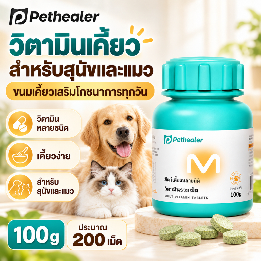 PETHEALER ขนมวิตามินรวมสําหรับสุนัขและแมว 100g ขนมเคี้ยวสัตว์เลี้ยง ผสมวิตามินและแร่ธาตุ ทานง่าย สําหรับทุกช่วงวัย