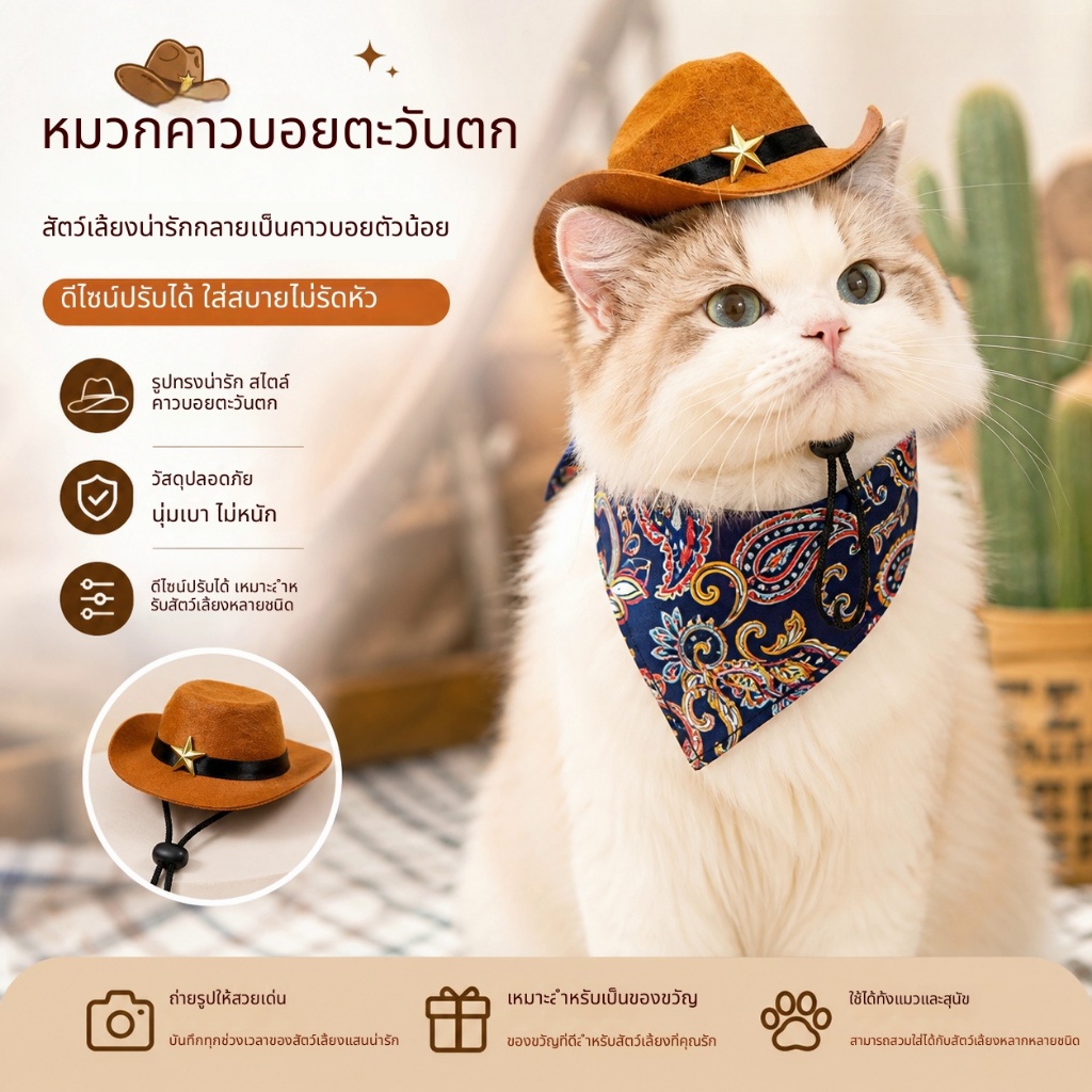 หมวกคาวบอยสัตว์เลี้ยงหมวกตกแต่งคอสเพลย์น่ารักสําหรับแมวและสุนัข