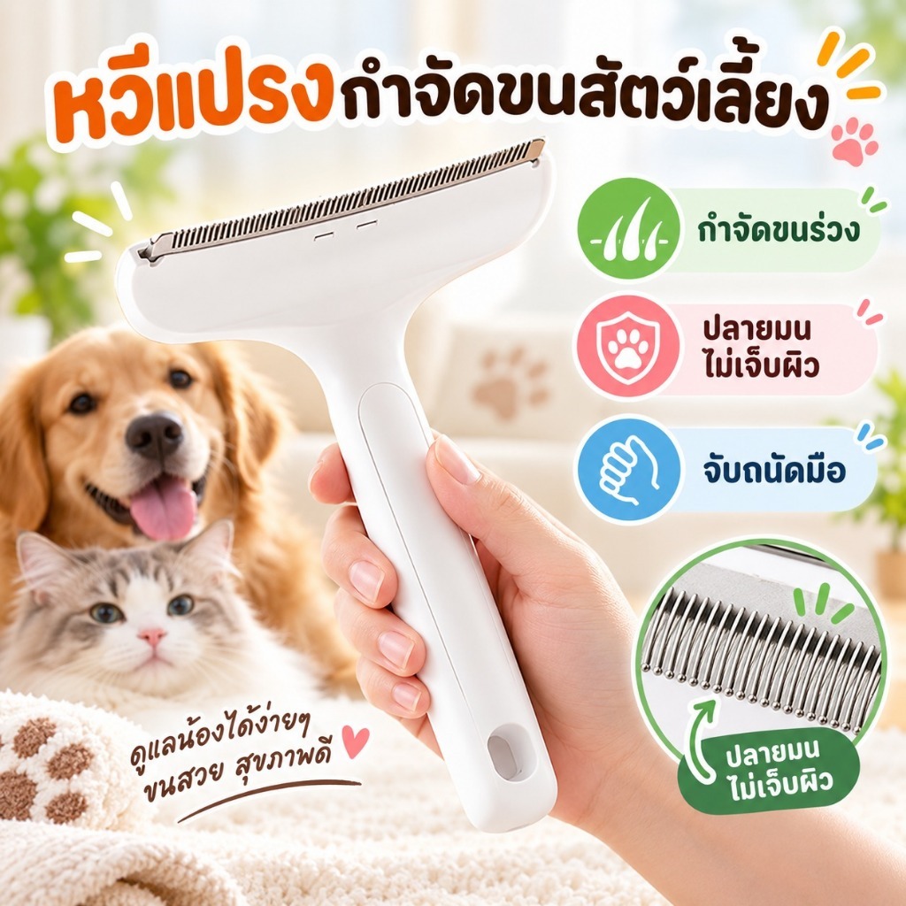 แปรงหวีขนสุนัขแมว Pet Deshedding Brush กําจัดขนร่วง ขนตาย ปลายมนไม่เจ็บผิว Grooming Tool COD