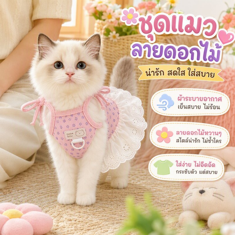 ชุดเดรสแมว เสื้อผ้าแมว เดรสลูกไม้ สายผูกไหล่ ระบายอากาศ หน้าร้อน สําหรับแมวหมาเล็ก S M L