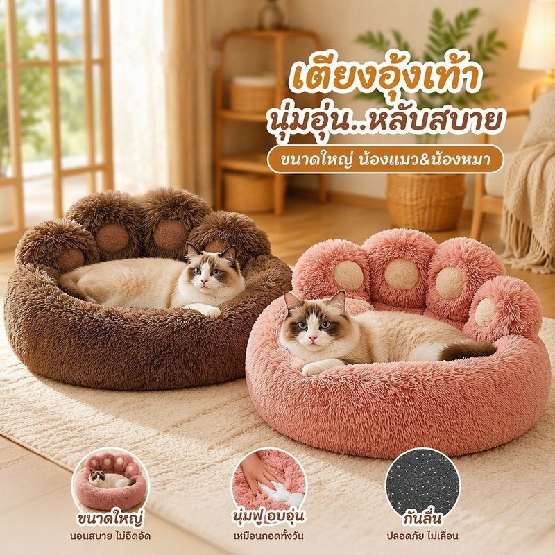 ที่นอนสัตว์เลี้ยง เบาะนอนสุนัข แมว ขนฟูนุ่ม ระบายอากาศ พื้นกันลื่น ซักได้ ลายอุ้งเท้า